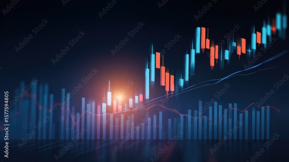 Poster abstract financial chart with glowing candlestick patterns and a rising trend line, symbolizing mark