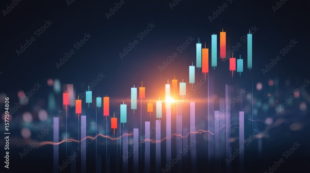 Poster dynamic stock market chart with colorful candlestick patterns illuminated by glowing lights.