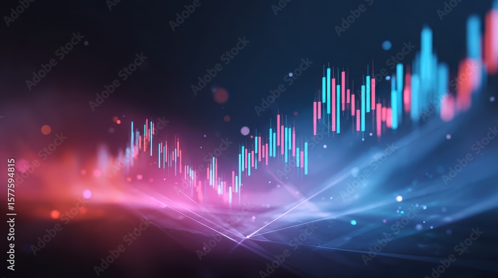 Poster abstract digital graph showcasing vibrant data trends with colorful lines and dots against a dark ba