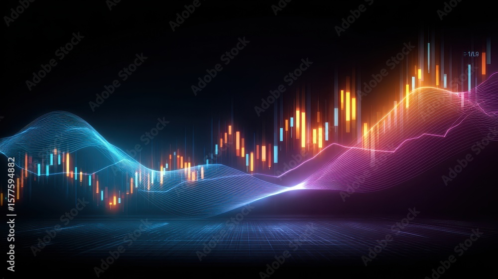 Poster digital financial graph with vivid colors and dynamic lines representing data trends and market anal