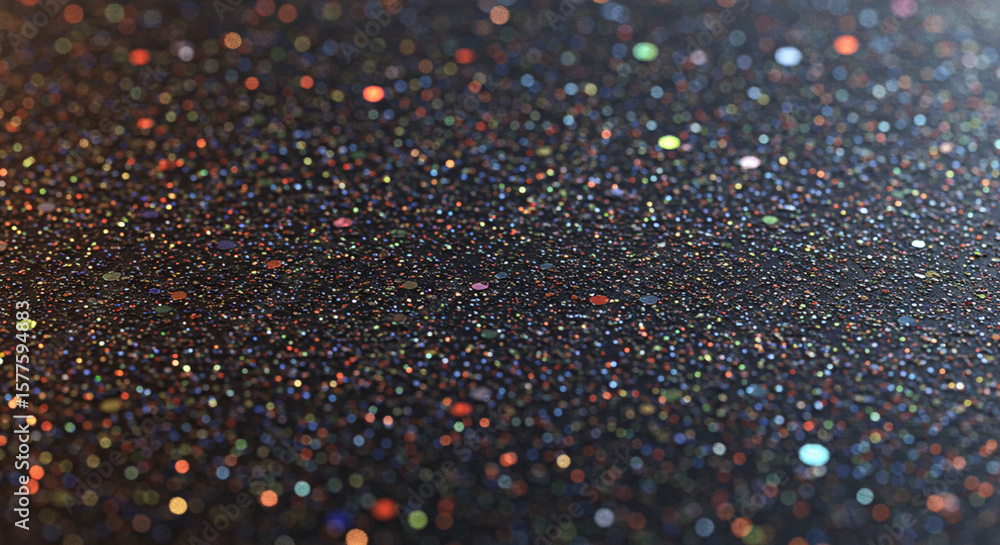 Poster close-up of a dark, textured surface with scattered, colorful, sparkling particles creating a shimme