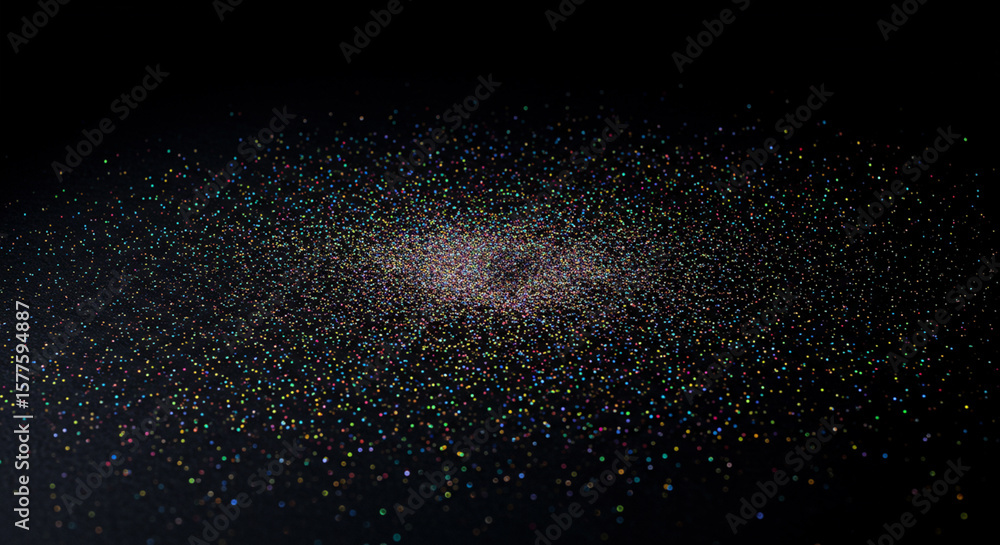 Poster abstract cosmic scene with swirling particles and a central light source.