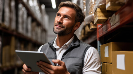 Efficient logistics professional analyzing inventory with tablet in warehouse, showcasing focus and determination