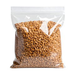 Transparent plastic bag filled with dry grains