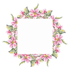 Watercolor floral frame with pink apple blossoms and green leaves in botanical style. for invitations, greeting cards, wedding stationery, cosmetic branding, seasonal sales and eco product packaging
