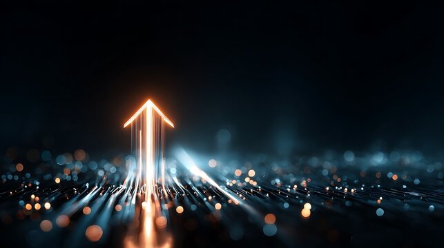 Glowing arrow pointing upwards with light trails on a dark background and bokeh effect lights