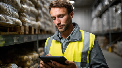 Efficient logistics professional checking inventory tablet warehouse, ensuring accurate stock management and organization