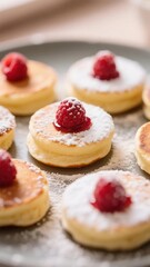 Mini Pancakes with Powdered Sugar and Raspberry Topping