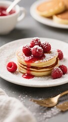 Mini Pancakes with Powdered Sugar and Raspberry Topping