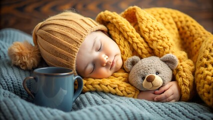 Adorable baby peacefully sleeping in a cozy yellow knitted blanket with teddy bear