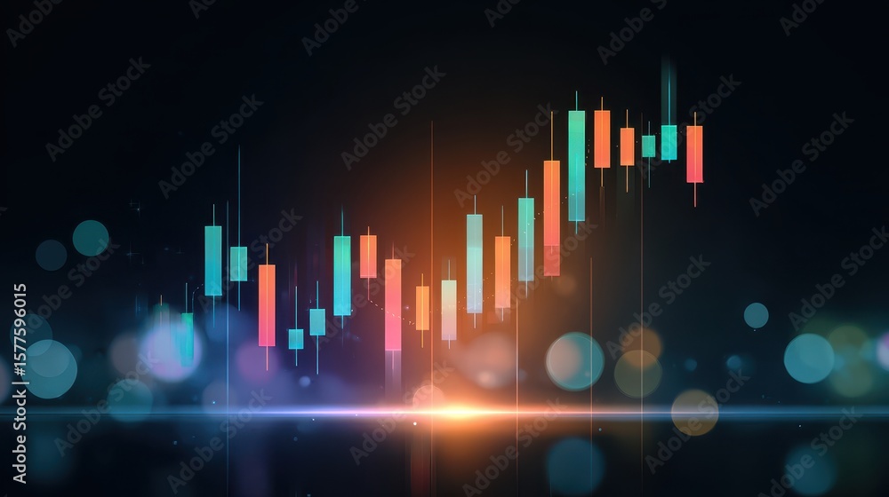 Poster abstract financial graph with colorful candlestick patterns against a dark background, symbolizing m