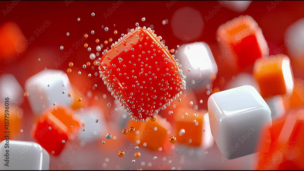 Poster floating cluster of shiny white and orange cubes with tiny bubbles, suspended against a vibrant red 