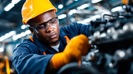 Maintenance engineer works large engine with focus and precision, showcasing dedication and skill vibrant workshop environment