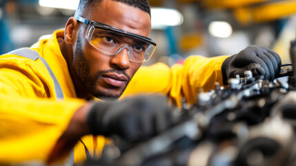 Maintenance engineer focuses intently on machinery, wearing safety glasses and gloves, showcasing dedication and skill