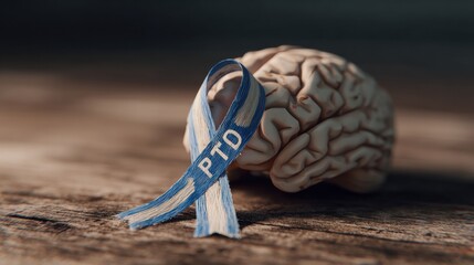 Clay Brain Visualization With PTSD Awareness Ribbon Highlighting Mental Health Importance