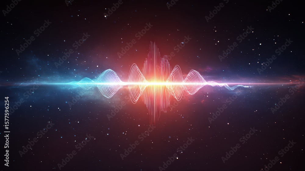 Poster visual representation of sound waves against a cosmic background, showcasing vibrant colors and a rh