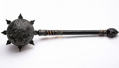 ancient ceremonial mace ornate black staff isolated on white background