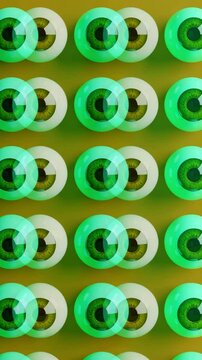 Surreal eyeballs, green irises, orange background, optical illusion, artificial vision, modern repetition, 3D render, visual concept, pattern design, futuristic art
