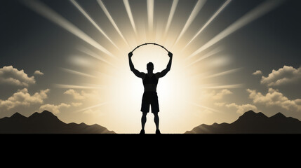 Silhouette of a Weightlifter Holding a Heavy Barbell, Strongman Pose