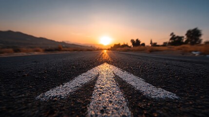 Arrow marking on asphalt road leading to a bright sunset in a scenic landscape view ahead on horizon