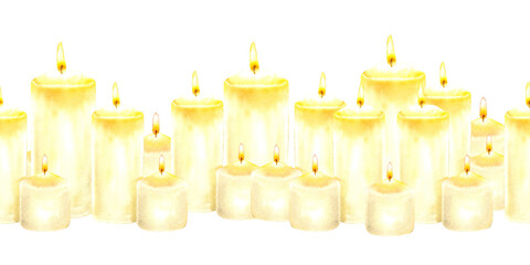 Seamless watercolor border of glowing cream-colored candles with soft golden flames. Ideal for funeral stationery, spiritual products packaging design memorial decor or wellness branding.