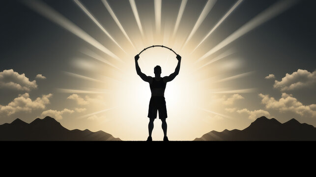 Silhouette of a Weightlifter Holding a Heavy Barbell, Strongman Pose