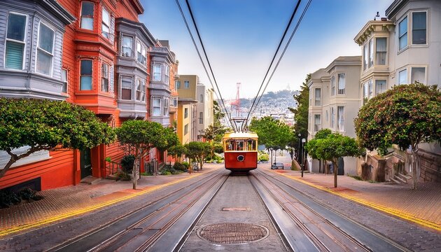 cable car in a street castro district san francisco california usa