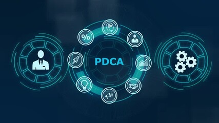 PDCA Plan Do Act Check Business technology concept. Technology, Internet and network concept ,Abstract technology symbols on a blue background. - Powered by Adobe