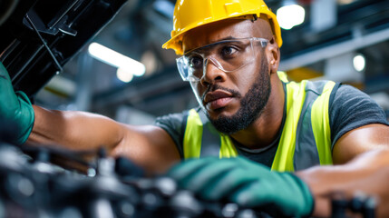 Maintenance engineer works on large machinery with focus and precision, showcasing dedication and skill in factory setting