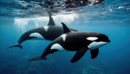 Orcas swimming in ocean waters