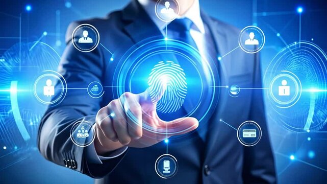 Biometric technology concept: Businessman pressing fingerprint ID on a virtual screen - Powered by Adobe