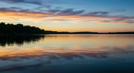 Obraz premium Serene sunset reflected in a calm lake, silhouetted trees line the shore.