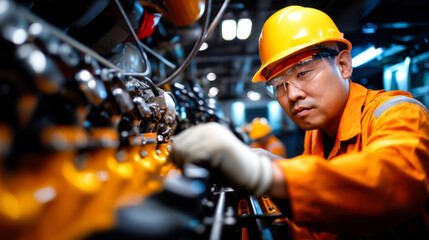 Maintenance engineer works on large engine, focused and skilled, wearing safety gear in industrial setting