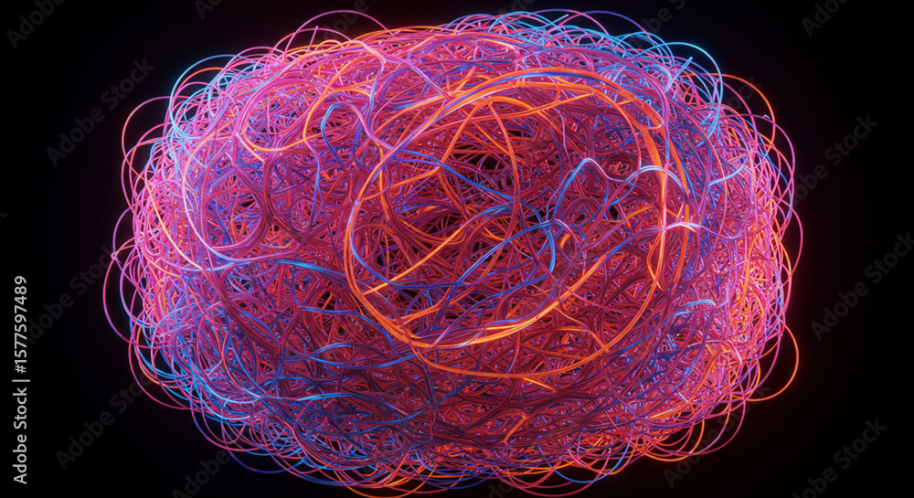 Poster abstract artistic representation of a complex, swirling network of colorful lines.