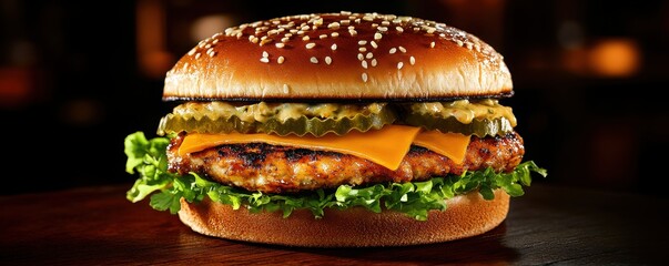 Juicy Grilled Chicken Burger with Lettuce, Pickles, and Cheese