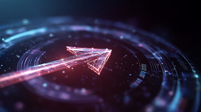 Glowing arrow pointing right with circular patterns in a dark futuristic background with bokeh effects