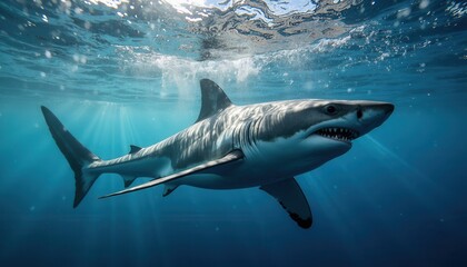Fototapeta premium Great white shark swimming in clear ocean waters