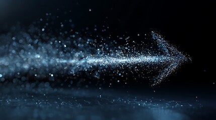 A sparkling arrow shape formed by light particles against a dark black background with reflections
