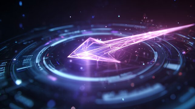 Abstract arrow pointing left in a circular futuristic interface with purple and blue glow effect