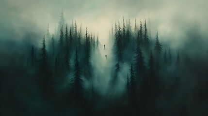 Obraz premium Two figures walking in a foggy forest path