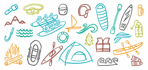 Vector collection of rafting and camping gear hand drawn in doodle style