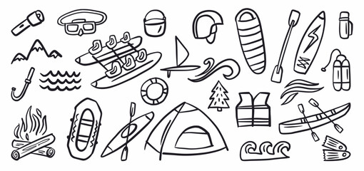 Vector collection of rafting and camping gear hand drawn in doodle style