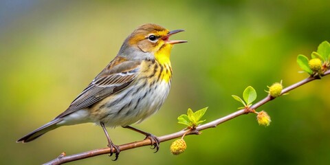 Fototapeta premium A tiny songbird perched on a slender branch, vibrant yellow throat contrasting with muted grey and brown plumage, singing a melodic spring tune amid fresh green foliage