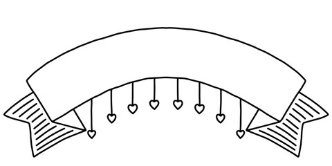 Hand drawn outline art empty ribbon banner with hearts banner