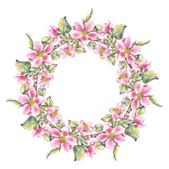 Watercolor floral wreath with pink apple blossoms and green leaves in botanical style. for invitations, greeting cards spring wedding decor cosmetics packaging, branding and seasonal promotions.