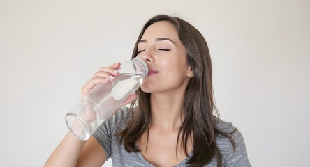 Young woman drinks water from glass against neutral backdrop eyes closed, focus on hydration, natural lighting, promotes wellness, healthy lifestyle, refreshing