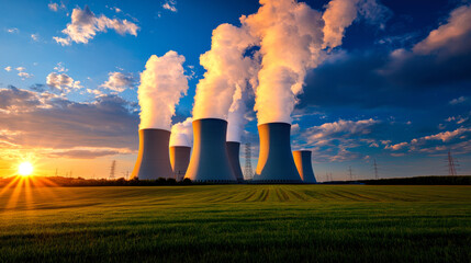 Nuclear power plant with towering cooling towers releasing steam into sky at sunset, creating dramatic landscape