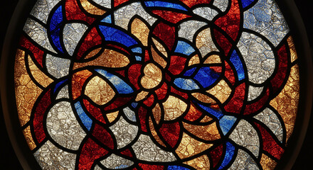 Intricate stained glass window design with swirling patterns of vibrant colors.