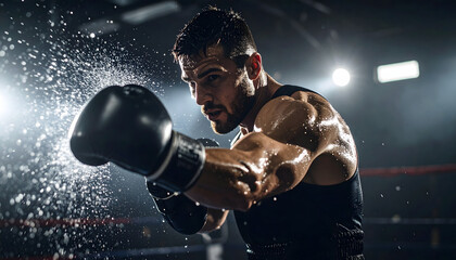 A muscular male boxer mid-punch in dramatic lighting, sweat flying, captured in a powerful action shot