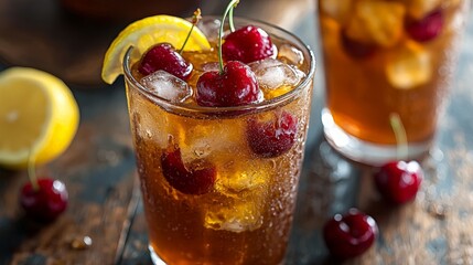 Iced drink with cherries and lemon slices on a wooden surface